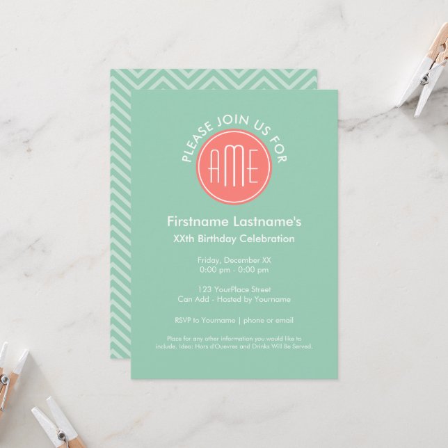Mint and Coral Chevrons Custom Monogram Invitation (Front/Back In Situ)