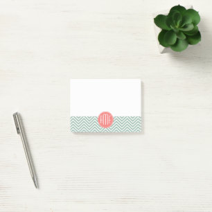 Mint and Coral Chevrons Custom Monogram Post-it Notes