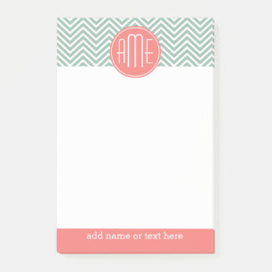 Mint and Coral Chevrons Custom Monogram Post-it Notes