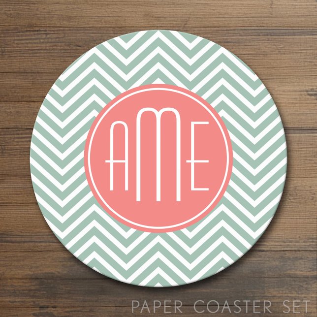 Mint and Coral Chevrons Custom Monogram Round Paper Coaster (Custom Coaster)