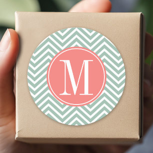 Mint and Coral Chevrons with Custom Monogram Classic Round Sticker