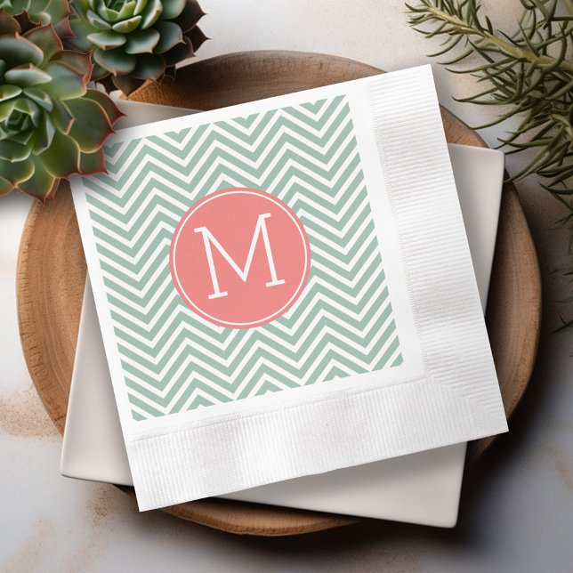 Mint and Coral Chevrons with Custom Monogram Napkin (Personalized cocktail and dinner napkins)