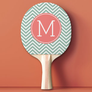 Mint and Coral Chevrons with Custom Monogram Ping Pong Paddle