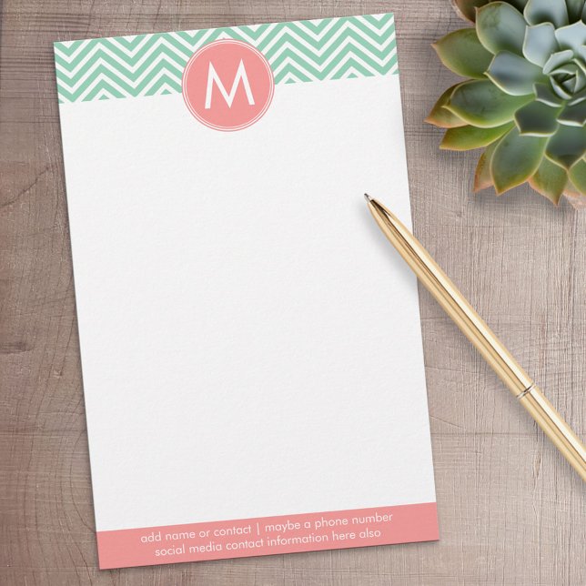 Mint and Coral Chevrons with Custom Monogram Stationery (Personalized Stationery)