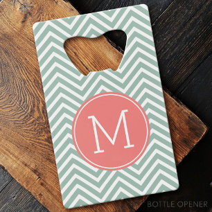 Mint and Coral Chevrons with Custom Monogram Wallet Bottle Opener