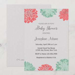 Mint and Coral Dahlia Baby Shower Invitation