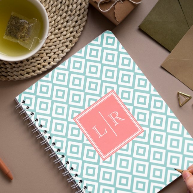 Mint and Coral Diamonds Pattern Monogrammed Notebook (Creator Uploaded)