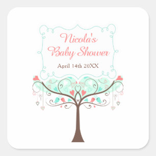 Mint and Coral Floral Bird Baby Shower  Square Sticker