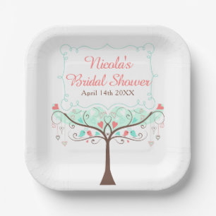 Mint and Coral Floral Bird Bridal Shower  Paper Plate