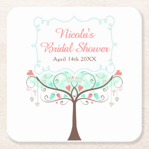 Mint and Coral Floral Bird Bridal Shower Square Paper Coaster