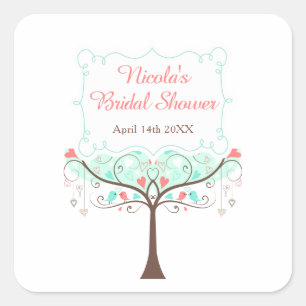 Mint and Coral Floral Bird Bridal Shower  Square Sticker