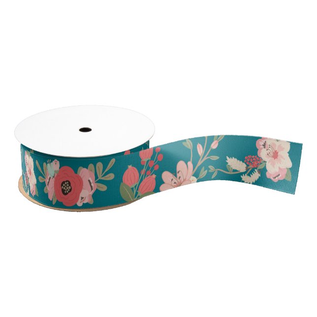 Mint and Coral Floral Grosgrain Ribbon (Spool)