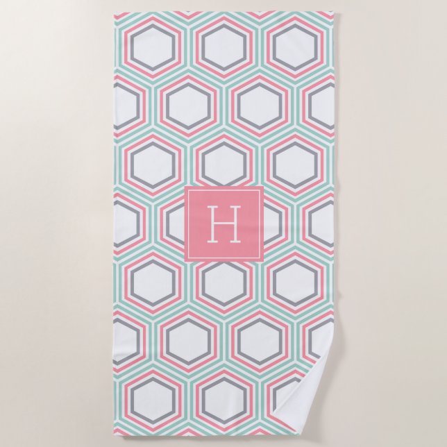 Mint and Coral Geometric Pattern and Monogram Beach Towel (Front)