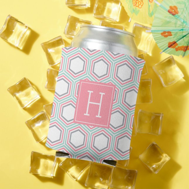Mint and Coral Honeycomb Pattern Monogram Can Cooler (In Situ Summer)