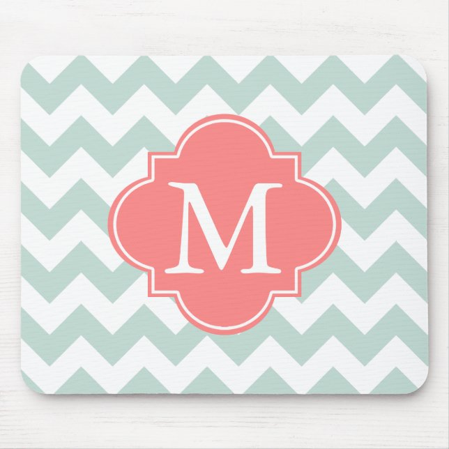 Mint and Coral Modern Chevron Custom Monogram Mouse Pad (Front)
