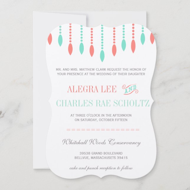 Mint and Coral Modern Tear Drop Beaded Invitation (Front)