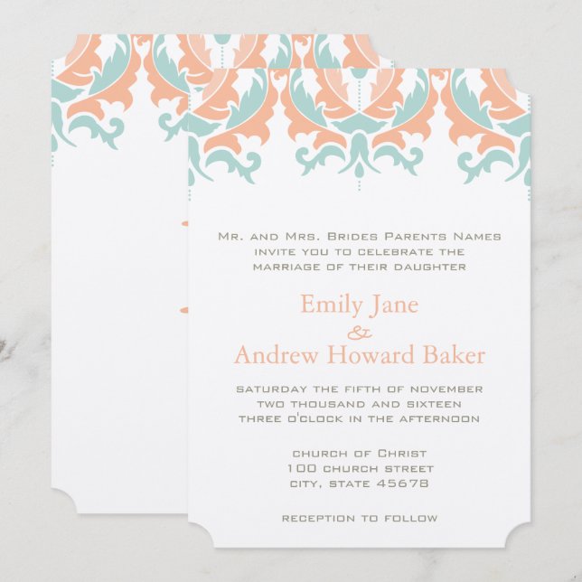 Mint and Coral Peach Damask Wedding Invitation (Front/Back)