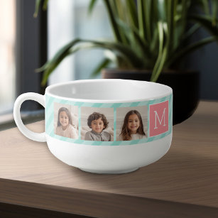 Mint and Coral Photo Collage Custom Monogram Soup Mug