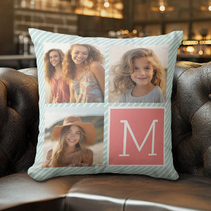 Mint and Coral Photo Collage Custom Monogram Throw Pillow