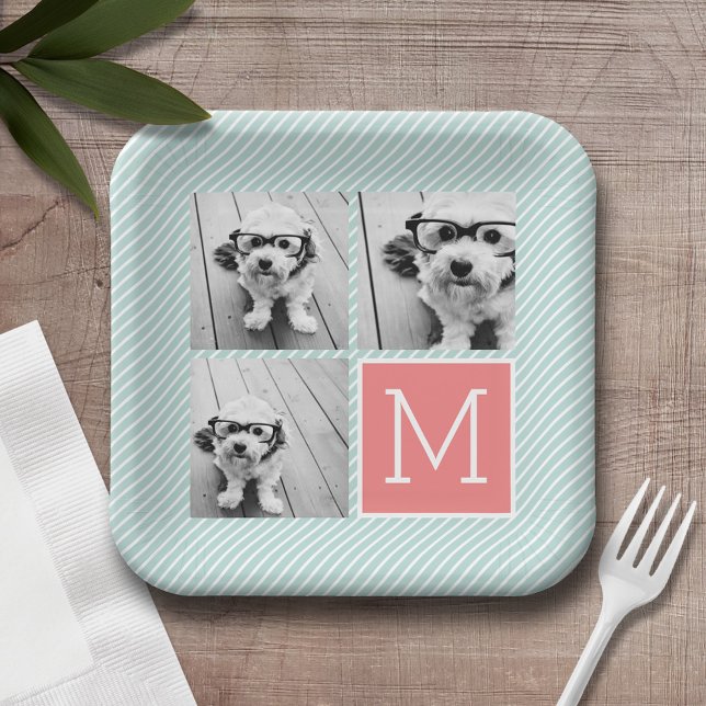Mint and Coral Photo Collage Monogram Paper Plate (Personalized party plates with a photo collage and text)
