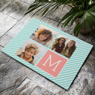 Mint and Coral Photo Collage with Custom Monogram Doormat