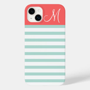 Mint and Coral Preppy Stripes Custom Monogram Case-Mate iPhone 14 Plus Case