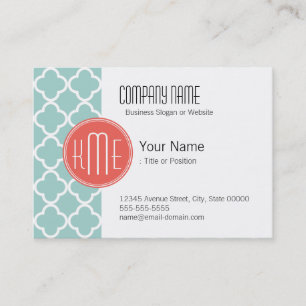 Mint and Coral Quatrefoil with Custom Monogram Business Card