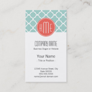 Mint and Coral Quatrefoil with Custom Monogram Business Card