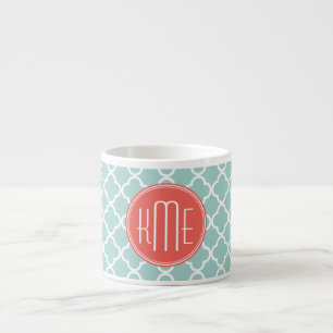 Mint and Coral Quatrefoil with Custom Monogram Espresso Cup