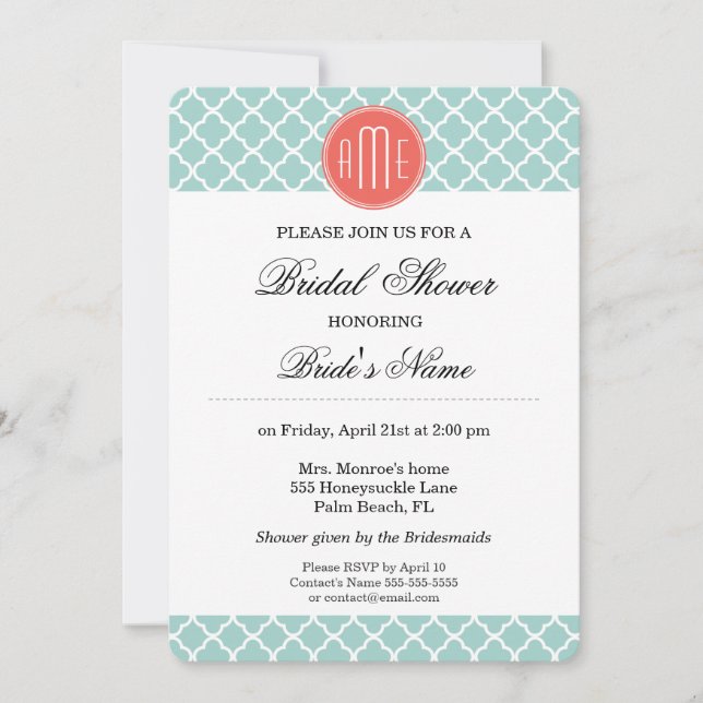Mint and Coral Quatrefoil with Custom Monogram Invitation (Front)