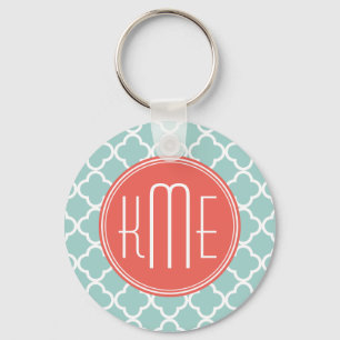 Mint and Coral Quatrefoil with Custom Monogram Keychain