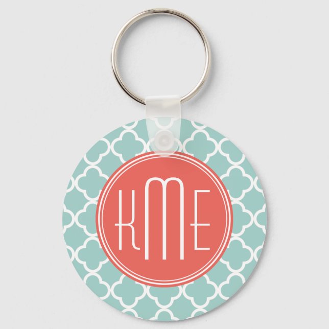 Mint and Coral Quatrefoil with Custom Monogram Keychain (Front)