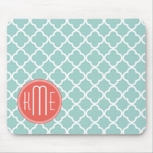 Mint and Coral Quatrefoil with Custom Monogram Mouse Pad