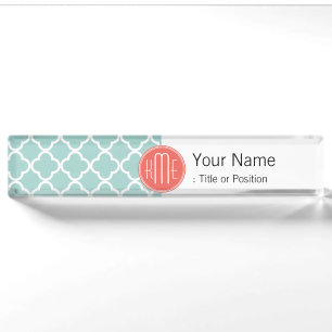 Mint and Coral Quatrefoil with Custom Monogram Nameplate