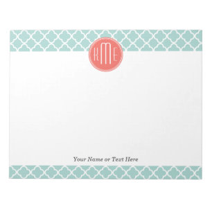 Mint and Coral Quatrefoil with Custom Monogram Notepad