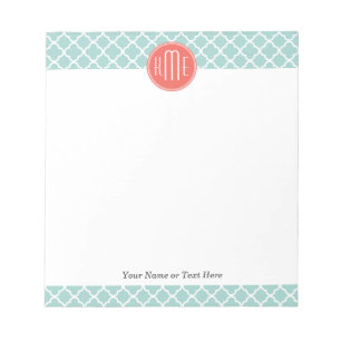 Mint and Coral Quatrefoil with Custom Monogram Notepad