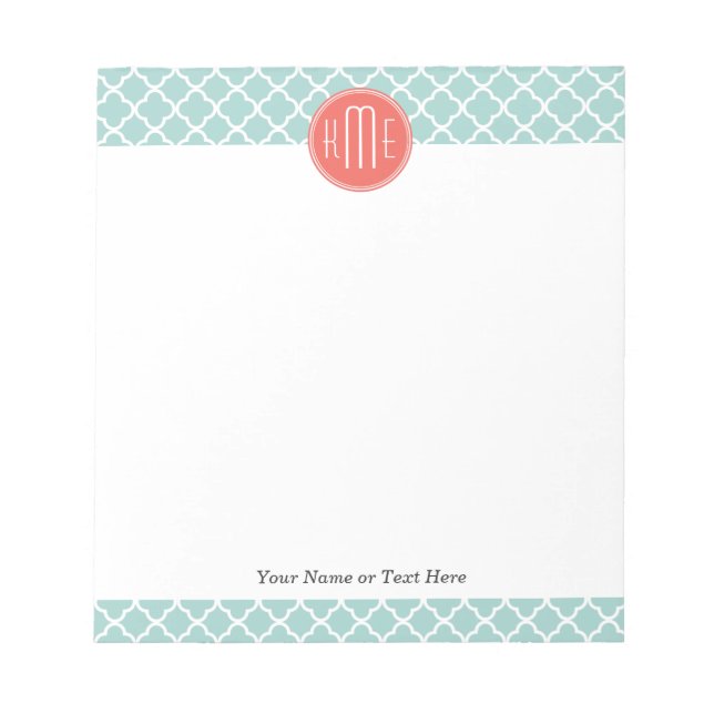 Mint and Coral Quatrefoil with Custom Monogram Notepad (Front)