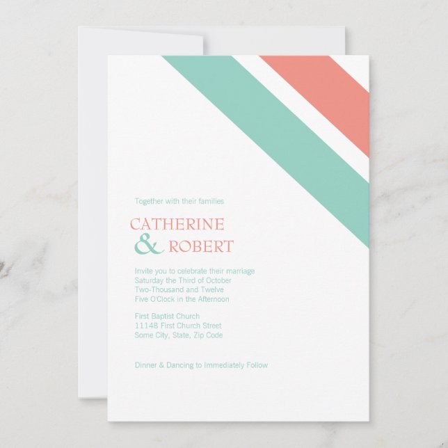 Mint and Coral Striped Wedding Invitation (Front)