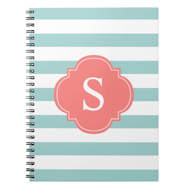 Mint and Coral Stripes Monogram Notebook (Front)