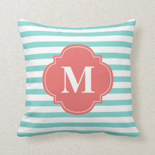 Mint and Coral Stripes Monogram Throw Pillow