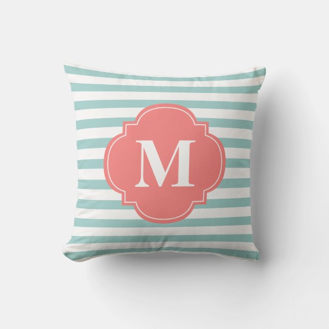 Mint and Coral Stripes Monogram Throw Pillow (Front)