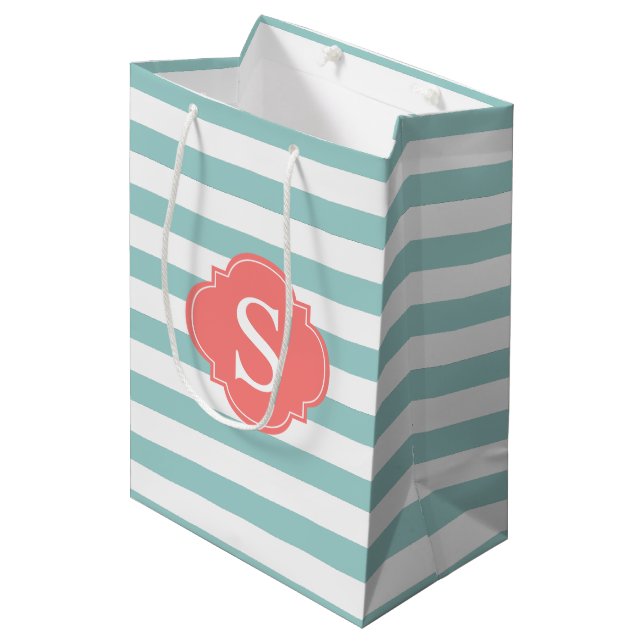 Mint and Coral Stripes Pattern Monogram Medium Gift Bag (Front Angled)