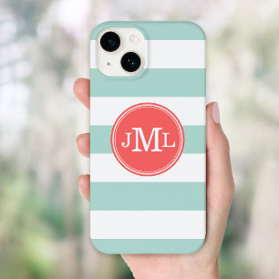 Mint and Coral Wide Stripe Monogram Case-Mate iPhone 14 Case