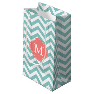 Mint and Coral Zigzag Pattern Monogram Small Gift Bag