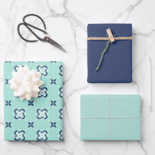 Mint and Dark Blue Interwoven Flower Pattern Wrapping Paper Sheet