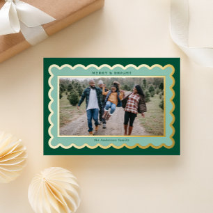 Mint and Dark Green Preppy Scallop Photo Frame Foil Holiday Card