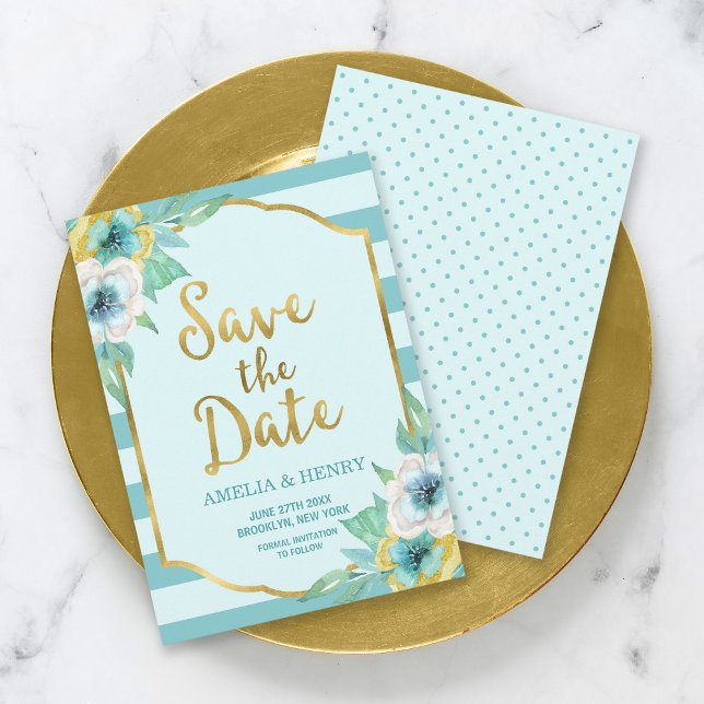 Mint and Faux Gold Floral Save the Date Card (Creator Uploaded)