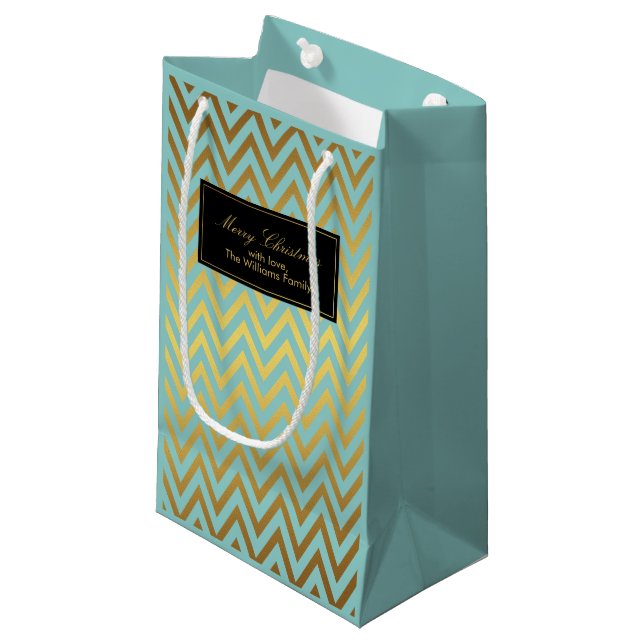 Mint and Faux Gold Foil Chevrons Pattern Small Gift Bag (Front Angled)