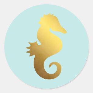 Mint and Faux Gold Foil Seahorse Classic Round Sticker