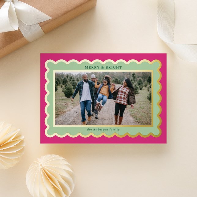 Mint and Fuchsia Pink Preppy Scallop Photo Frame Foil Holiday Card (Pretty scalloped mint and pink frame with a preppy Kate spade vibe and real foil holiday card)